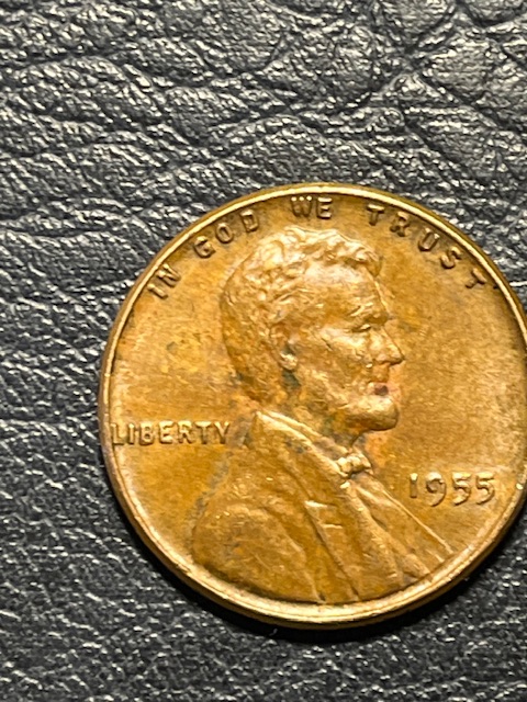 Lincoln-Cents-1955--Die-Chip-On-T-&-The-Wheat--Leave
